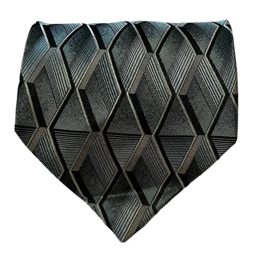 Pierre Cardin Silk Tie 3D Geometric Cubist Pattern Grey Black Blue Designer